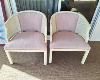 Pair of beige enamel chairs with pink fabric cushions