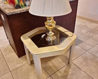 Pair of Beige Enamel End Tables with lamps, glass top