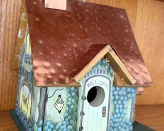 Kathy Hatch hand painted wooden birdhouse with copper roof