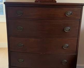 Dixie furniture chect of drawers,bow front, and vintage radio