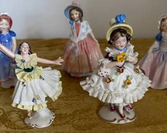Dresden porcelain lace and Royal Doulton Victorian figurines