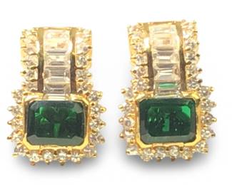 Pair Sterling Silver Gold Tone Emerald CZ Earrings