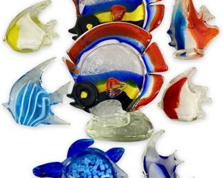 7pc Murano Art Glass Fish and Turtle Paperweights