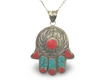 Sterling Silver Turquoise Coral Inlay Nepal Hamsa