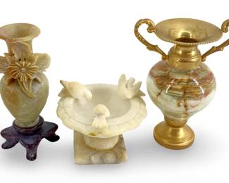 3pc Miniature Carved Stone Vases and Bird Bath