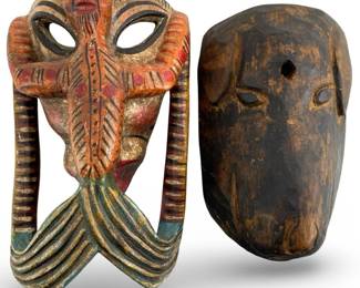 2pc Antique Hand Carved Wooden Tribal Mask Art
