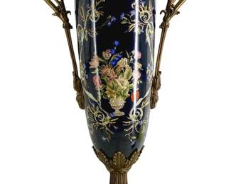 Tall Vintage Chinese Ceramic and Brass Painted Urn
