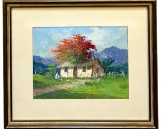 Signed Peaceful Landscape Gouache on Paper