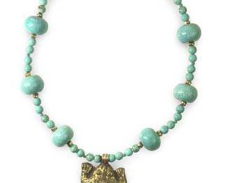 Handmade Chunky Turquoise Bead Brass Frog Pendant