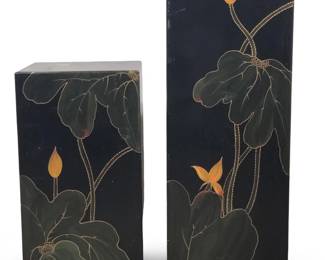 (2) Asian Hand Painted Black Lacquer Pedestals