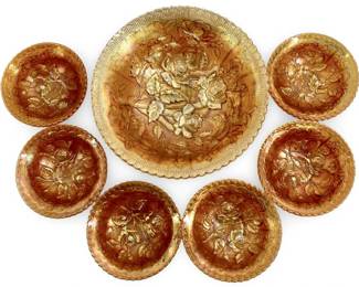 7pc Imperial Marigold Rose-Design Art Glass Bowls