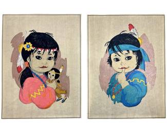 2pc. Signed Native Child Portrait Mixed Medias