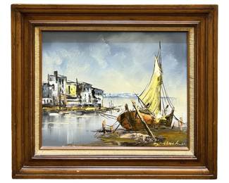 Signed Nautical Dock Oil on Canvas