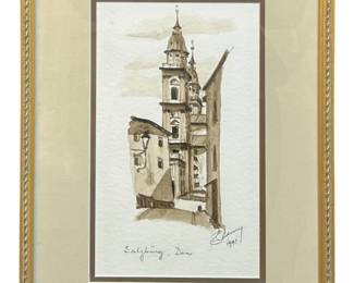 Signed Austrian Salzburg Cathedral Watercolor