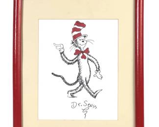 Signed Dr. Seuss Cat In The Hat Color Ink Drawing