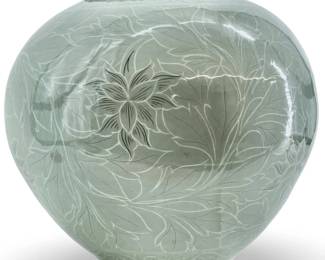 Large Celedon Signed Chinese Ceramic Blue Vase