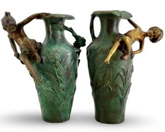 2pc Vintage Auguste Moreau Bronze Vase Set