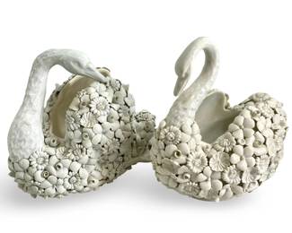 Italian Ardalt Fiori Porcelain Floral Swan Bowls