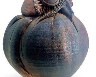 Large Signed Bronzed Raku Ceramic Owl Vase