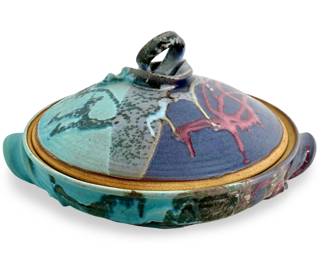 Signed Enid Ceramic Glazed Lidded Raku Pot