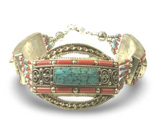Nepalese Sterling Turquoise Coral Inlay Bracelet