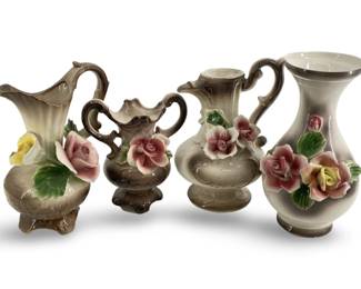 4pc Capodimonte Porcelain Rose Pitchers & Vase