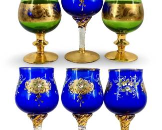 6pc Painted Cobalt Blue/ Green Bohemian Goblets