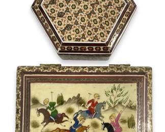 2pc Hand Painted Paneled Bone Dresser Boxes