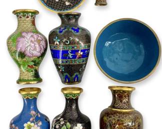8pc Cloisonné Brass Miniature Vases, Bowl, & Plate