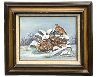 Signed Susie Stanley Winter Quail Oil on Panel