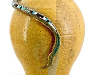 Signed Rush Ceramic & Turquoise Lizard Vase
