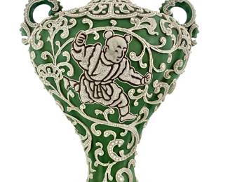 Detailed Nippon Porcelain Green Moriage Vase