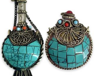 2 Antique Chinese Turquoise Paneled Snuff Bottles