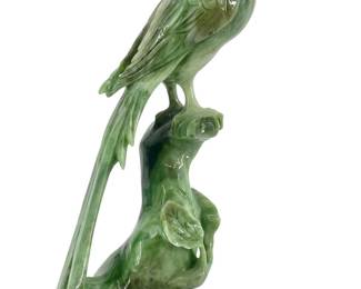 Hand Carved Spinach Jade Asian Bird Sculpture