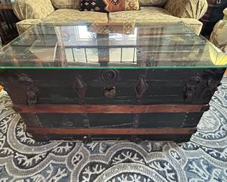 Steamer Trunk repurposed for Glass Top Coffee Table