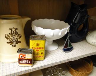 Vintage spice tins, and a very nice stained glass sailboat