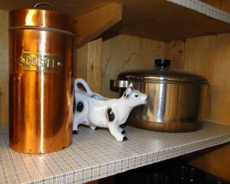 Copper coffee canister, and moo moo creamer
