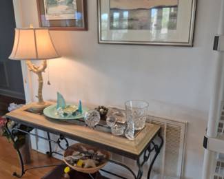 Glass Wood and iron Foyer table