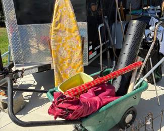 Antique wood ironing board, large wheel barrel wagon, chair, compos fence, and more!