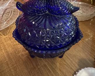 Blue covered candy dish