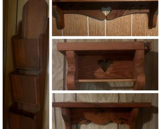 Vintage wooden shelving and mail caddy