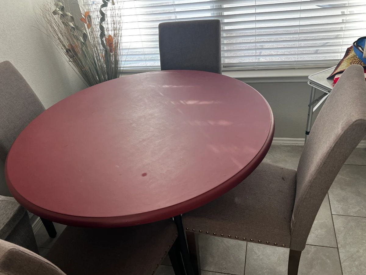 Wood Top with Iron base Dining Table w/4 matching cloth parsons style chairs