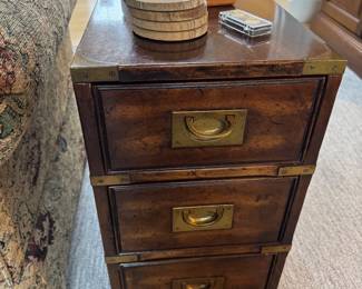 Campaign style side tables with drawers