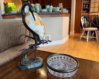 1996 Andrea by Sadek Tin Chi Cast Brass and Art Glass Heron Lamp. 