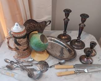 2 pairs sterling weighted candlesticks, Shawnee vase