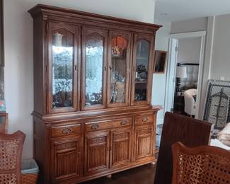 Ethan Allen oak step back cupboard with seeded glass. Available for pre-sale $250