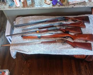Front to back antique rifles: Champion, Mossberg, Central Arms Co., Winchester model 1894, Ithaca side by side double barrel