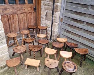 french bobbin stools, half moon stools, turned leg stools
