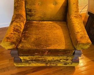Vintage Funky Green Velvet Armchair W/ Chunky Wooden Arms (2 Available)