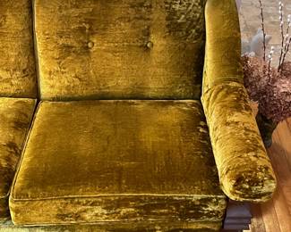 Vintage Funky Green Velvet Loveseat W/ Chunky Wooden Arms (2 Available)